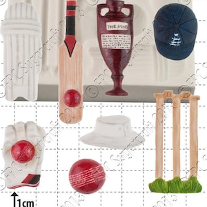 Puede incluir: Un molde de silicona para hacer decoraciones de pastel con temática de cricket. El molde incluye un bate de cricket, una pelota, tocones, almohadillas de portero, una gorra, un trofeo y un sombrero. El molde tiene un tamaño de 1 cm.