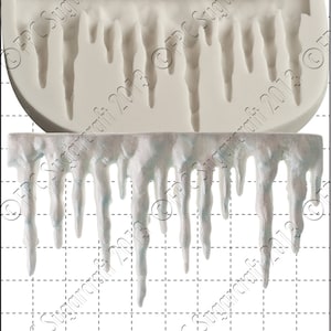 May include: A white silicone mold for making icicles. The mold is shaped like a row of icicles, with a textured surface to create a realistic look. The mold is 1 cm wide.