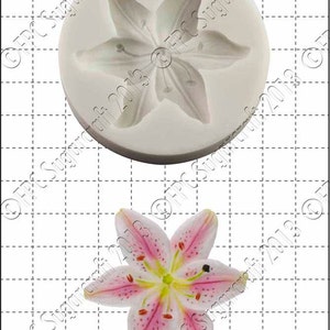 Puede incluir: Un molde de silicona para hacer una flor de lirio. El molde es blanco y tiene un diseño detallado de una flor de lirio con cinco pétalos. El molde tiene un diámetro de 1 cm.