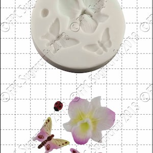 May include: Silicone mold with a design of three butterflies and a flower. There are also three separate pieces: a ladybug, a butterfly, and a flower.