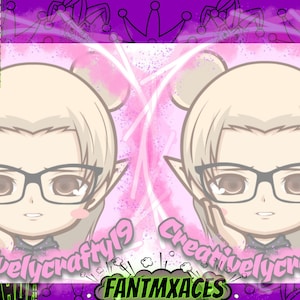 以下が含まれることがあります： 金髪のキャラクターが眼鏡をかけてピンクの背景に描かれたデジタルイラスト。画像には「creativelycrafty19」というテキストが表示されています。