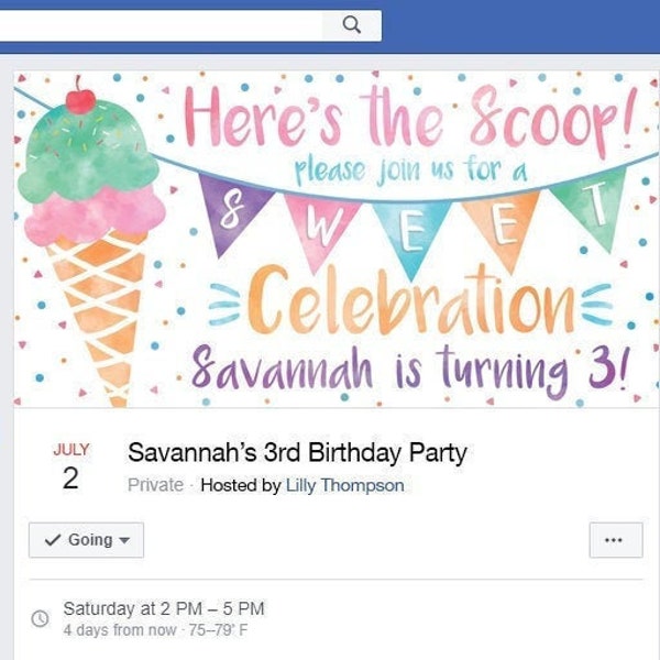 Facebook Custom Event Cover, Timeline Cover, Here's the Scoop Ice Cream Birthday, Sweet Celebration Ice Cream Birthday Facebook Header