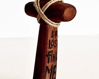 Handcrafted small wooden cross with engraved inspirational words with handmade box and lid