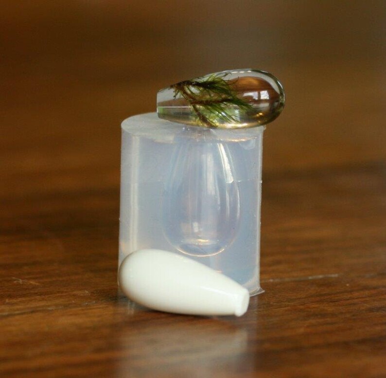 Puede incluir: Un colgante de resina transparente con una peque&ntilde;a planta verde en su interior, sentado sobre un molde de silicona transparente. Tambi&eacute;n se muestra un colgante de cer&aacute;mica blanca.