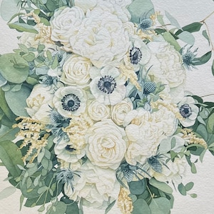 Winter Wedding White Bridal Bouquet Painting Custom Paper Anniversary Gift for Wife image 1