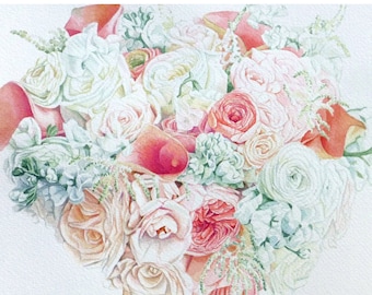 Original Watercolor Painting of Bridal Bouquet - 1st Paper Anniversary Gift - Custom Wedding Art