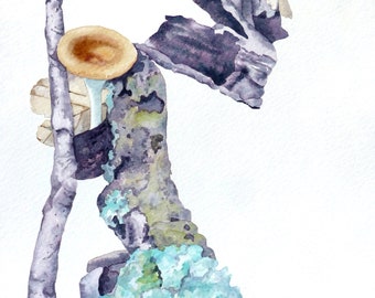 Original Watercolor Painting - Microscape - Forest Nature Mushrooms Leaves Vignette - 9x12