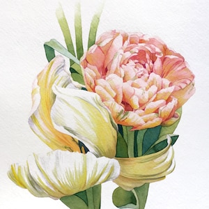 Tulips Original Watercolor Painting - Floral Decor, Fine Art, Tulip Flowers in Monet&#39;s Garden, Botanical