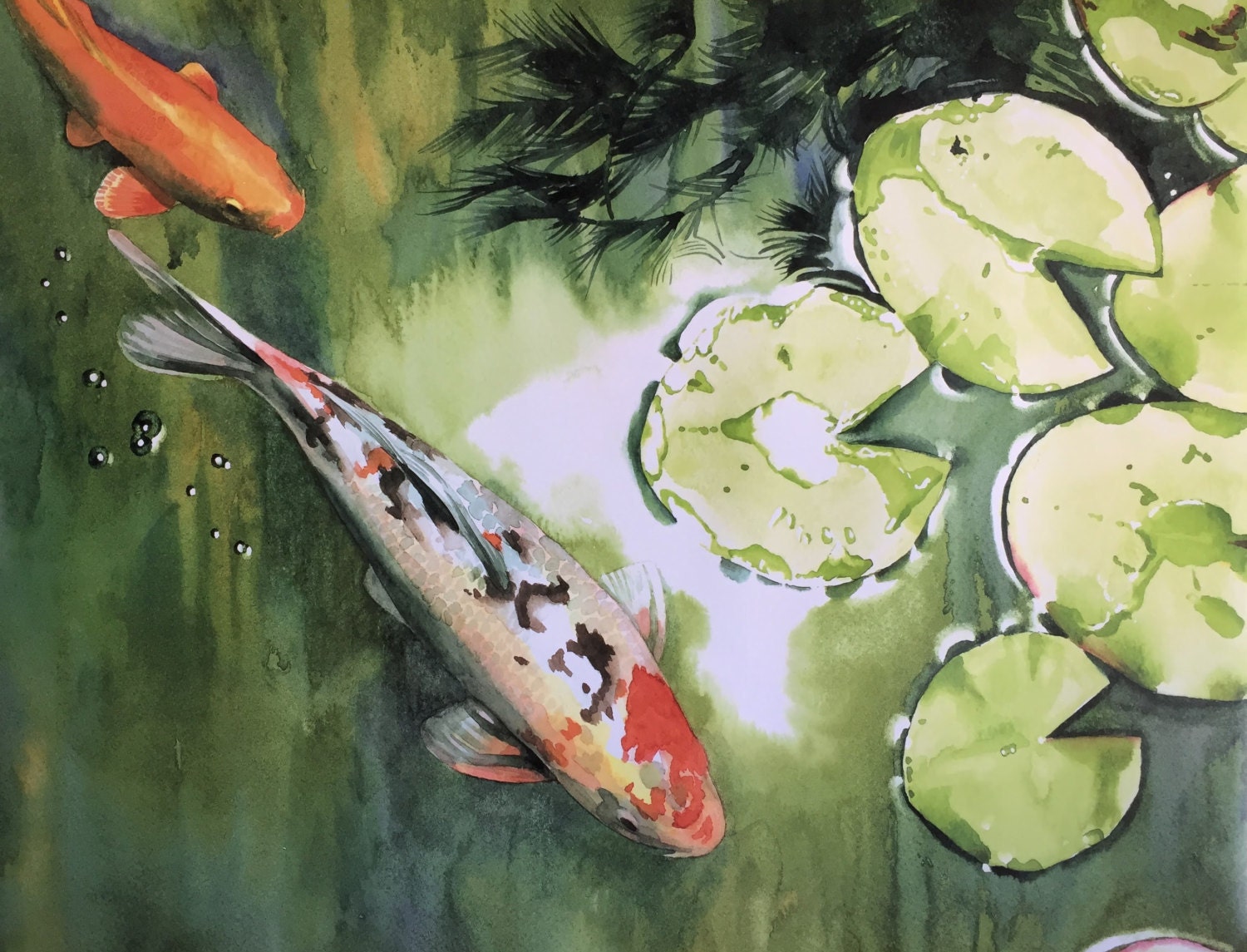 Koi Fish Watercolor Painting: Lily Pads Oriental Art Print 