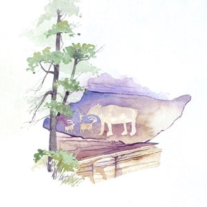 Origineel aquarelschilderij van rotstekeningen langs Potash Road in Moab (Utah)