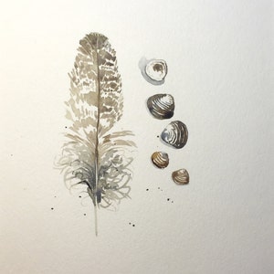 Original Watercolor Painting of Shells and Feather with Mat image 1