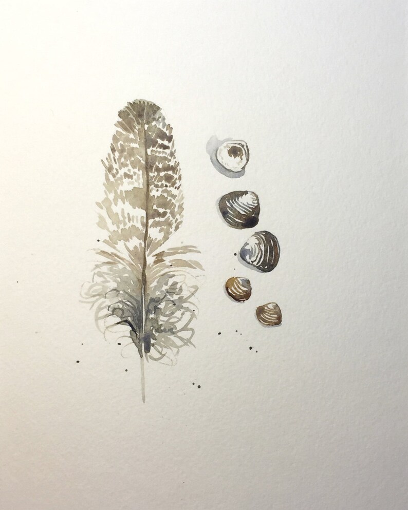 Original Watercolor Painting of Shells and Feather with Mat image 1