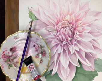 Pink Dahlia Original Watercolor Painting - Floral Decor. Botanical Art. Spring Flowers in the Pacific North West.