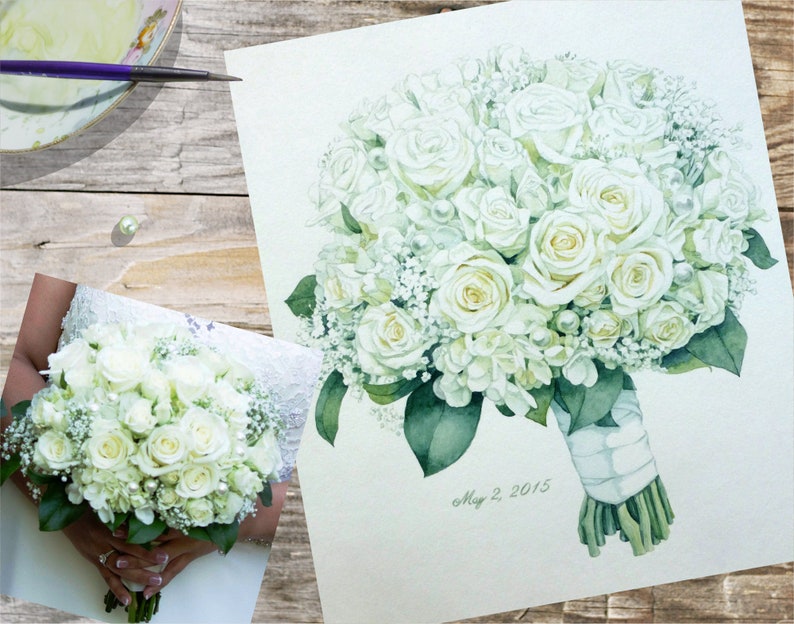 Winter Wedding White Bridal Bouquet Painting Custom Paper Anniversary Gift for Wife image 2