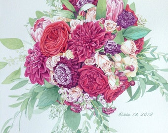 Anniversary Gift: Large Scale Custom Wedding Bouquet Watercolor Painting - up to 18 x 24 inches