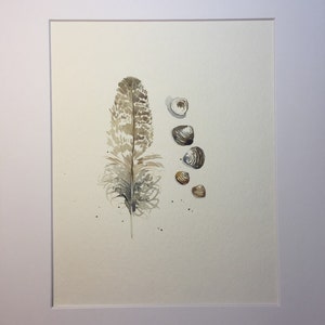 Original Watercolor Painting of Shells and Feather with Mat image 3