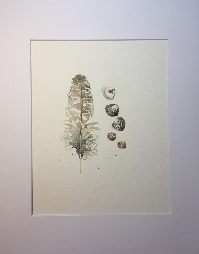 Original Watercolor Painting of Shells and Feather with Mat image 3