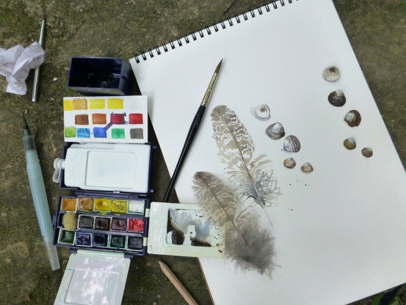 Original Watercolor Painting of Shells and Feather with Mat image 2