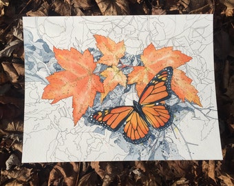 Orignal Monarch Butterfly & Foliage Watercolor and Ink Painting Drawing