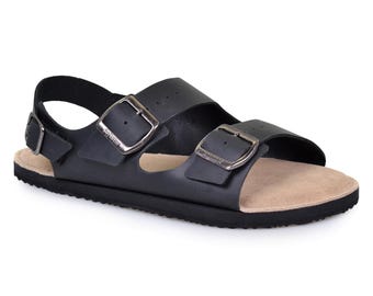 Sandalias flexibles de piel negra - Sandalias minimalistas - Sandalias de caída cero - Fabricadas en EE. UU. - Estilo Softstar "Camino" para adultos