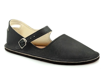Zapatos planos Mary Jane negros - Zapatos de cuero hechos a mano - Zapatos minimalistas - Mary Janes de cuero - Zapatos minimalistas - Estilo "Merry Jane" de Softstar para adultos