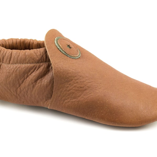 Elk Leather Moccasins - Light Brown Leather Moccasins - Elk Leather Slippers - Soft House Slippers - Adult Softstar "Roo Moccasin"