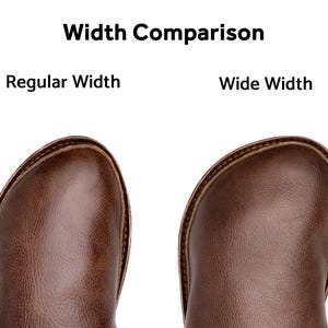 May include: A width comparison chart showing two brown shoes from a top-down perspective. The left shoe is labeled Regular Width and the right shoe is labeled Wide Width. The text Width Comparison is centered at the top of the image.