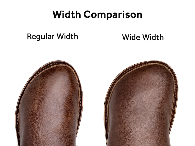 May include: A width comparison chart showing two brown shoes from a top-down perspective. The left shoe is labeled Regular Width and the right shoe is labeled Wide Width. The text Width Comparison is centered at the top of the image.