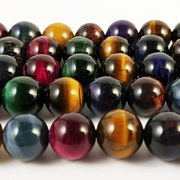 BEAD 154:  Multi Color Tiger Eye Beads, mixed, 6mm, 8mm, 10mm, 12mm Round Smooth Beads, 15.5 Inches Long Strand, good quality and color