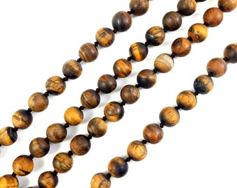 Organic Matt Finish Brown Tiger Eye Beads Necklace, 36 inches Long Knotted Strand.   Round Matt Beads, 8mm Diameter.  Very Good Color