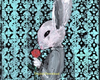 digital print download a Beautiful Rabbit in a white dress gazes lovingly at her red rose in front of turquoise Victorian wallpaper