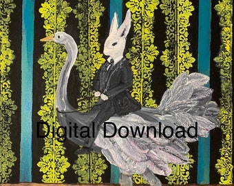 digital print download White Rabbit riding an Ostrich in the house (as one does) yellow blue wallpaper bunny