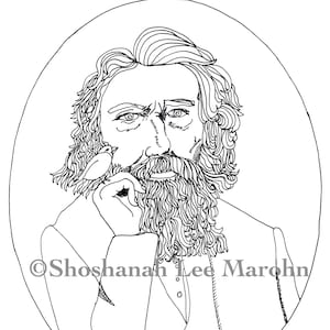 Puede incluir: Dibujo en blanco y negro de Henry Wadsworth Longfellow con un pájaro posado en su dedo. El dibujo está en un marco ovalado e incluye el texto "Shoshanah Lee Marohn" en la parte inferior.