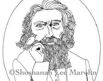 Henry Wadsworth Longfellow with a bird on his finger, Adult Coloring, Pen and Ink Print Digital Download