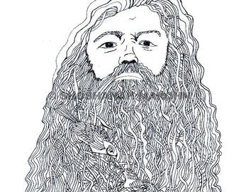 Man with Birds in his Beard Pen and Ink Print Digital Download