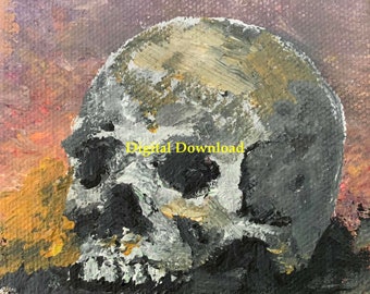 JPEG Skull Painting, Digital Download of Acrylic on Canvas, human skull, minimalist art, skull decor, goth art, Macabre Art, Morbid