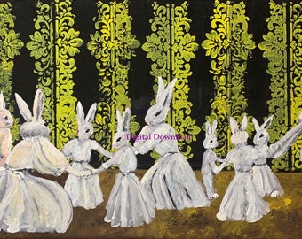 digital print download White Rabbits dancing to the music of a gramophone in front of yellow wallpaper wearing white dresses