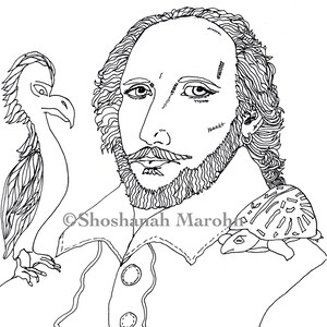 William Shakespeare z Feniksem i Żółwiem, Kolorowanka dla dorosłych, Wydruk piórem i tuszem Cyfrowe pobieranie