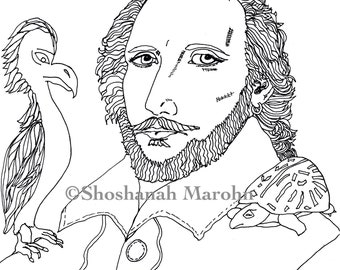 William Shakespeare with a Phoenix and a Turtle, Adult Coloring, Pen and Ink Print Digital Download