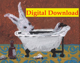 Bunny Bath digital print download White Rabbit,JPG, bathroom decor, wall art, mothers day gift, gifts for her, print