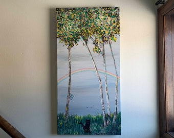 Rainbow Black Cat Birch Forest Acrylic figurative painting on canvas blue green yellow