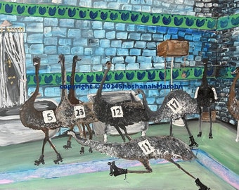 Emus having a roller skating competition in a Victorian bathroom large acrylic painting fine art