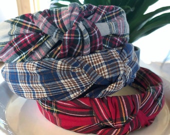 Plaid Top Knot Headband for Women, Christmas Headband, Adult Winter Headband, Hard Headbands for Ladies, Girlfriend Gifts, Red Headbands