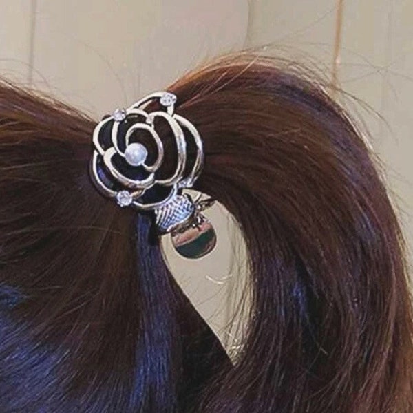 Small Pearl and Rhinestone Ponytail Cover Silver Metal Hair Claw, Women Hair Clip, Christmas Dressy Hair Claw Clasp, Adult Hair Accessories