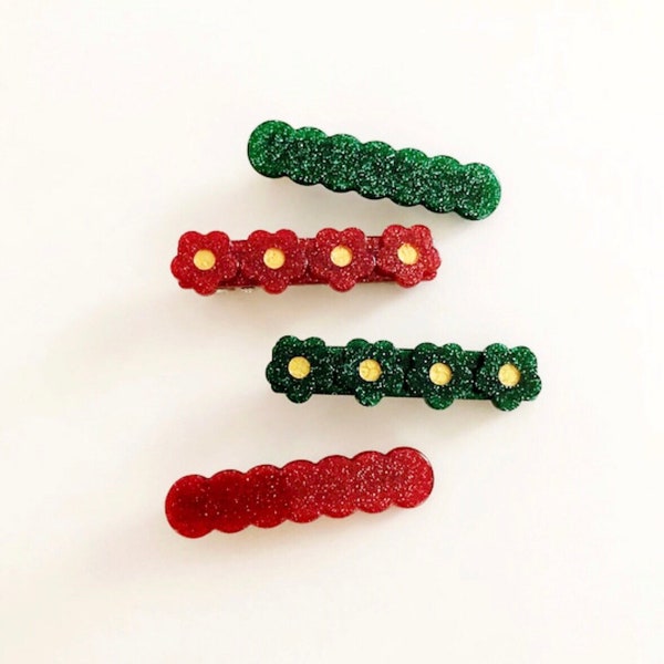 Red and Green Acrylic Bar Barrette Clips, Hair Accessories for Kids, Little Girl Flower Clips, Red and Green Glitter Hair Clips