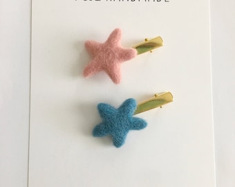 Child/Baby/Girl's 100% Wool Felt Puffy Stars Hair Clip Set, Pink and Blue Hair Clips