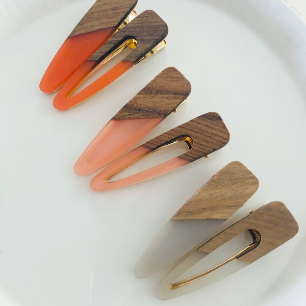 Wood Barrette Set, Hair Accessories for Women, Modern Adult Hair Clips, Mom Gifts, Orange and Grey Hair Clip Hair Pins, Girlfriend Gifts