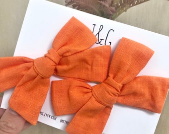 Orange Linen Fabric Hair Bow Clip Set or Single Bow, Pigtail Bows for Baby/Child/Girl/Infant, Pigtail Set for Girl, Bow Clips