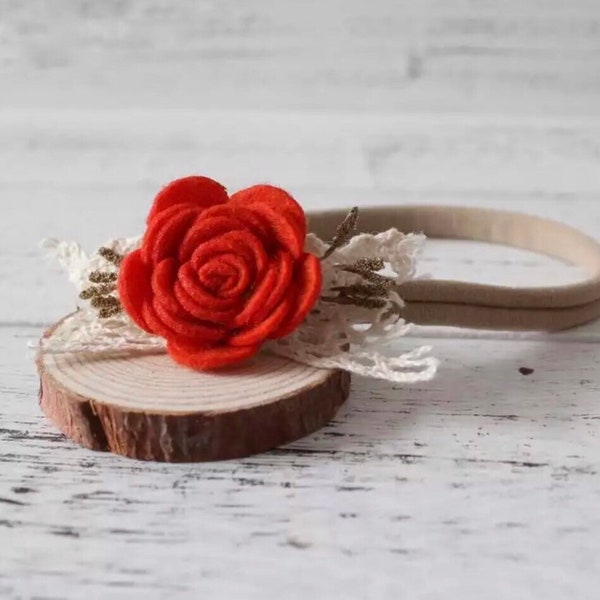 Baby Shabby Lace Red Flower Nylon Headband, Newborn Felt Flower Headband, Holiday Hair Photo Prop, Baby Gifts, Red Flower Headband