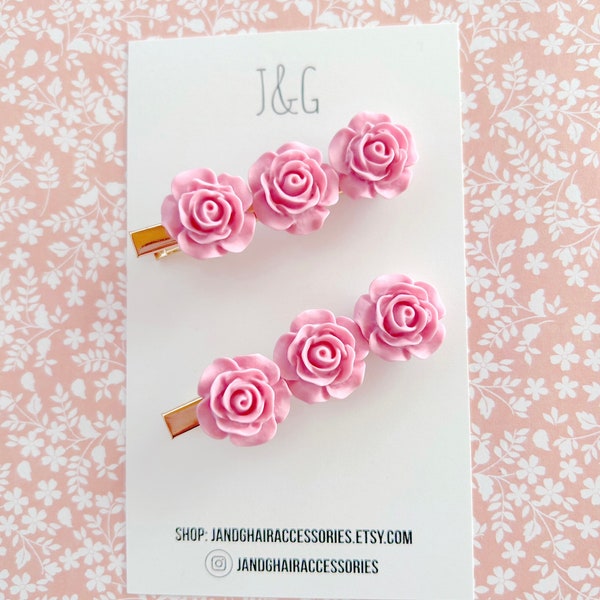 Summer Pink Roses Alligator Hair Clip Barrette, Hair Accessories for Adults, Little Girl Flower Hair Clip, Pink Floral Rose Clip